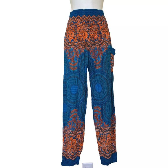 Thai Harem Loose Pants with Wide Smocked Waist Blue & Orange Mandala Sm-Med - Picture 1 of 5